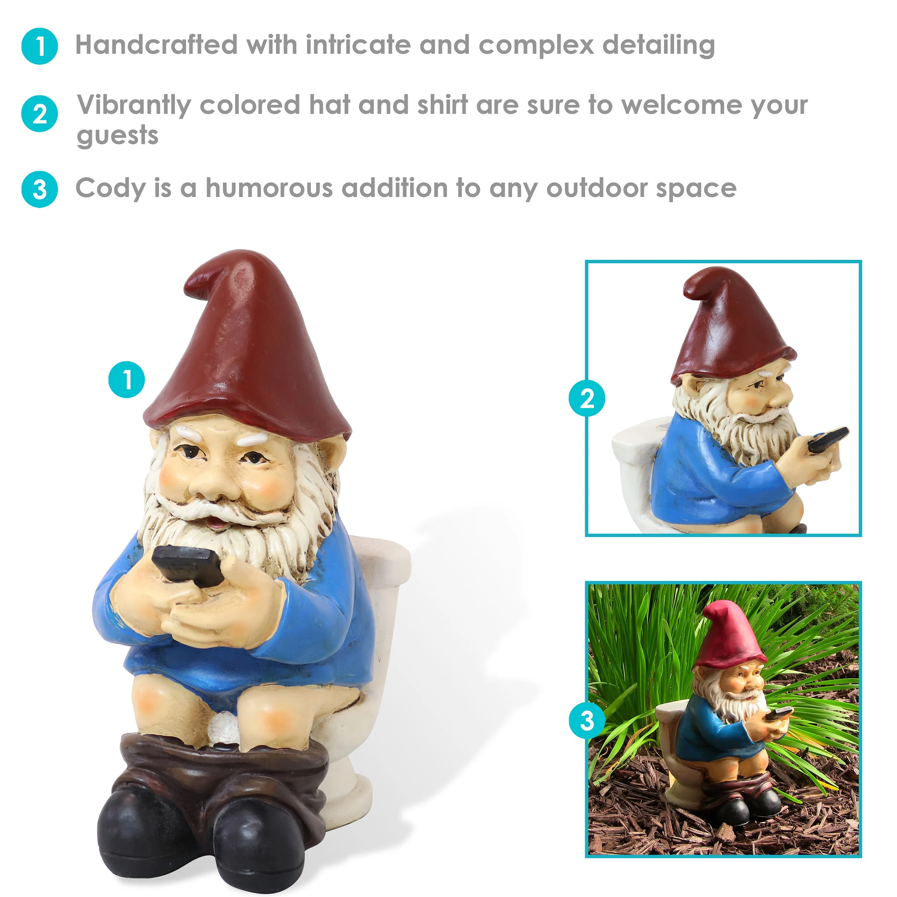 Sunnydaze Cody the Garden Gnome Reading Phone on the Throne - 9.5"