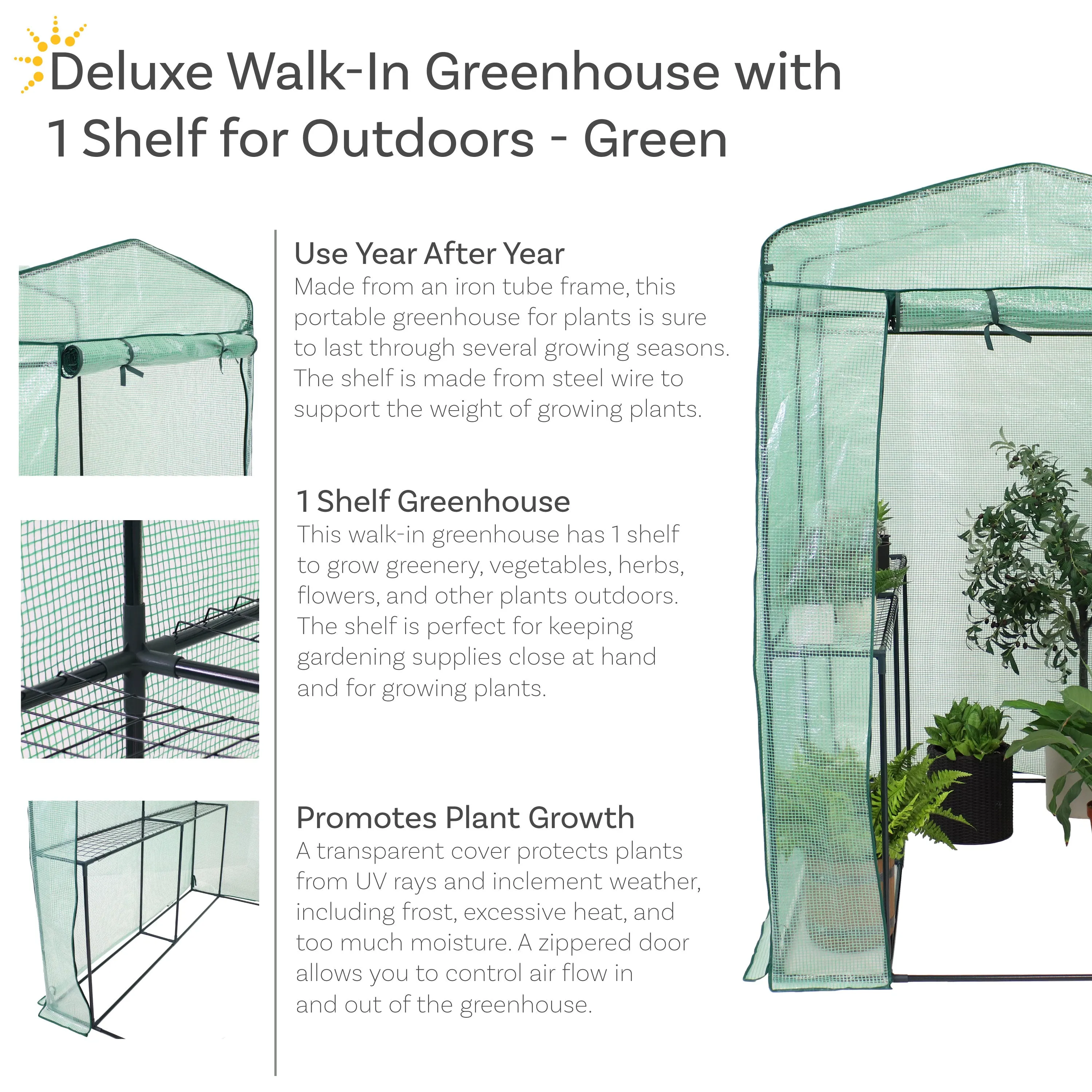 Sunnydaze Deluxe Walk-In Greenhouse with 1 Shelf for Outdoors - Green