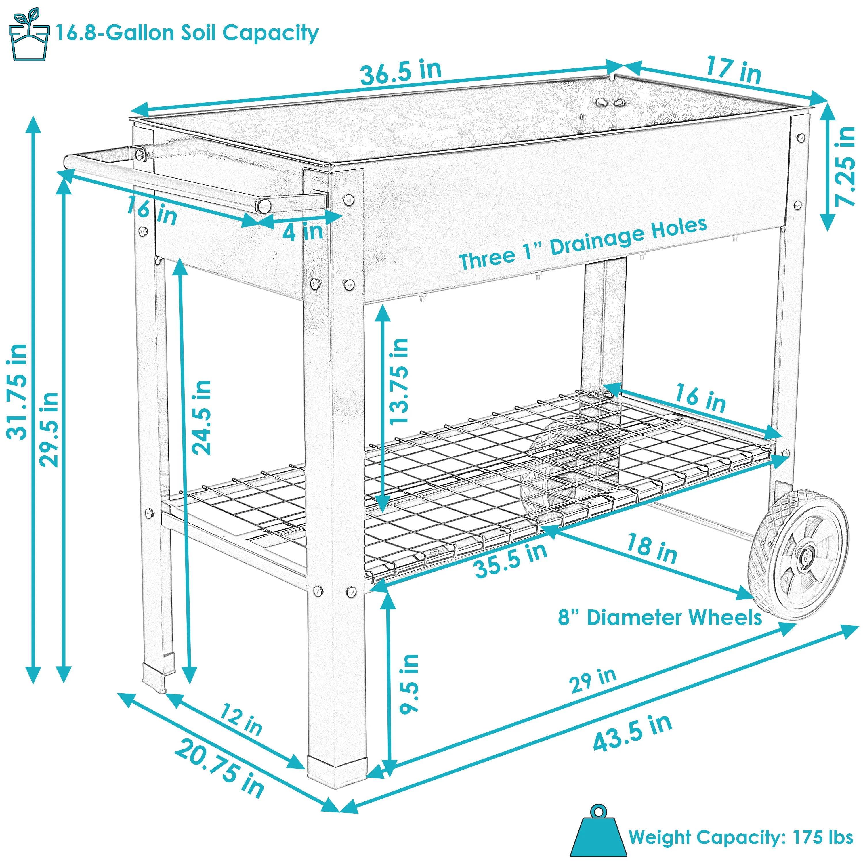 Sunnydaze Galvanized Steel Mobile Raised Garden Bed Cart