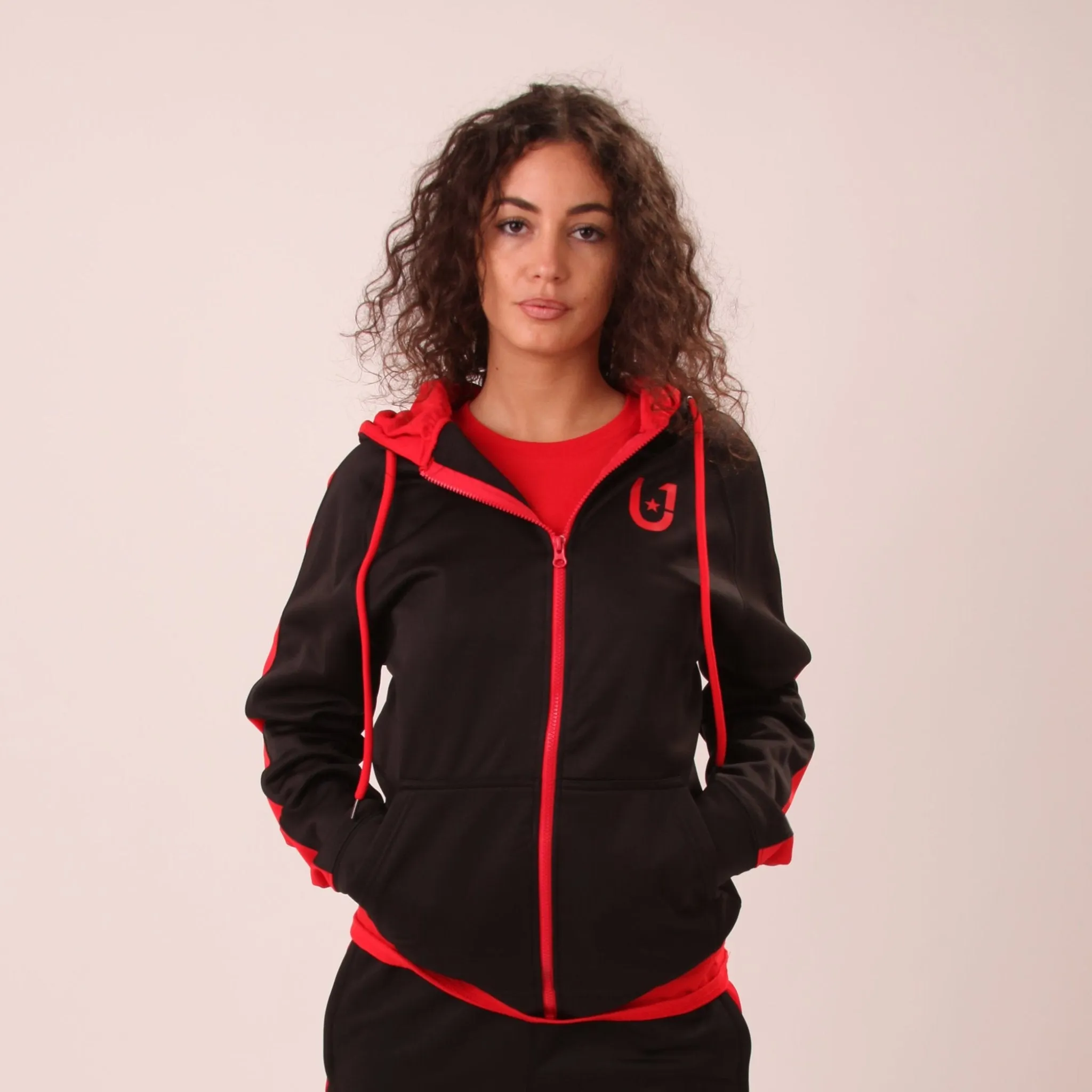 UNIFY U1 Womens Black and Red Zip Up Hoodie – Classic UNIFY Essential Hoodie – Womens Zip Up Hoodie