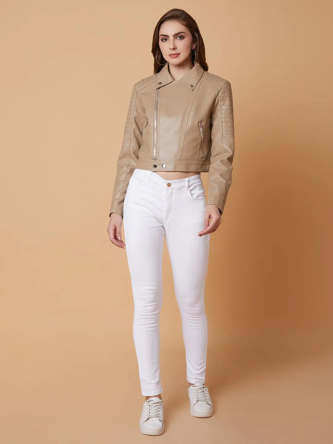 Women Beige Crop Biker Jacket