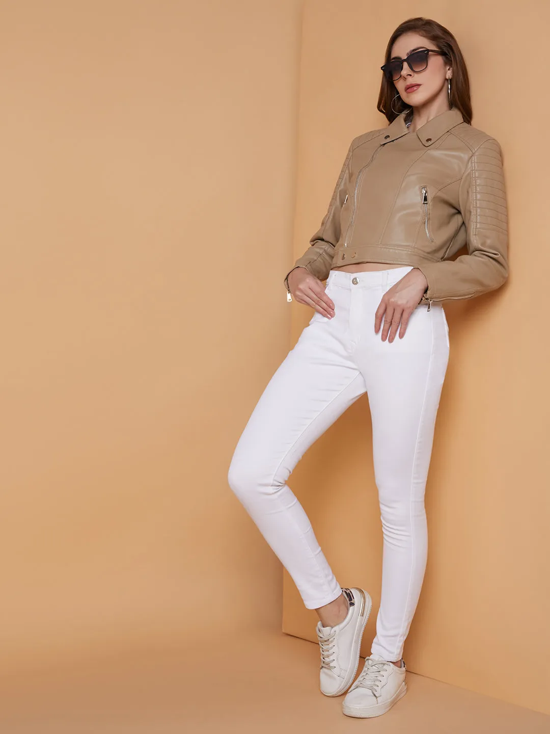 Women Beige Crop Biker Jacket