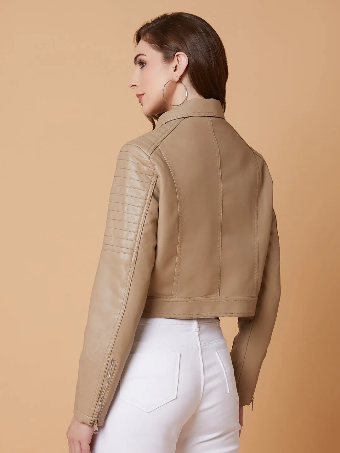 Women Beige Crop Biker Jacket