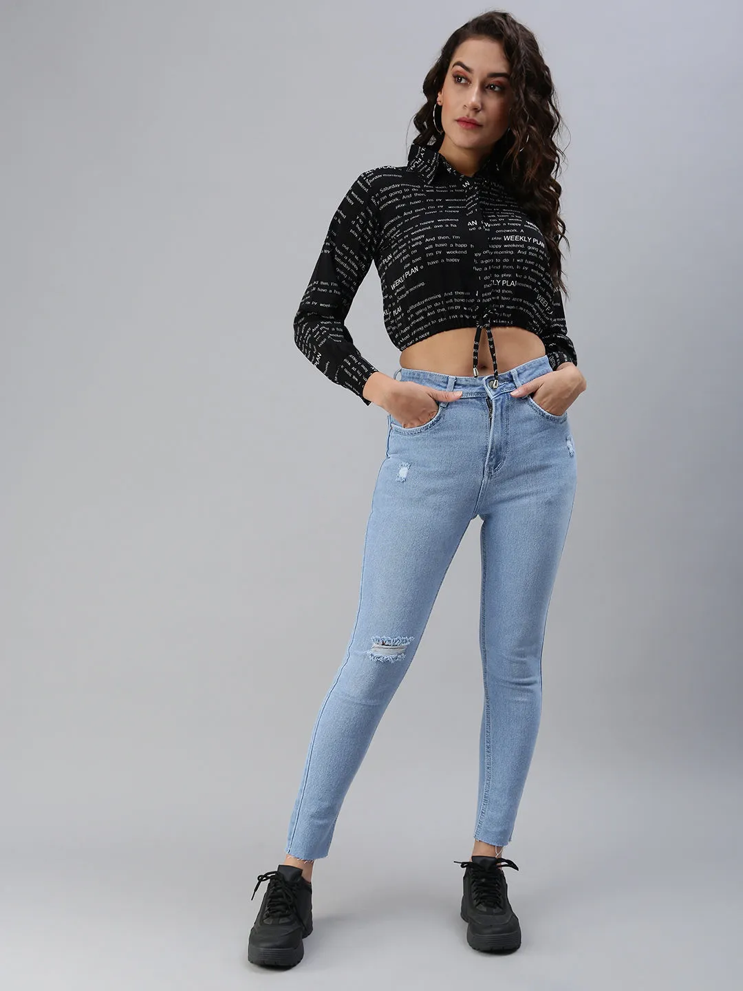 Women's Black Typographic Crop Top