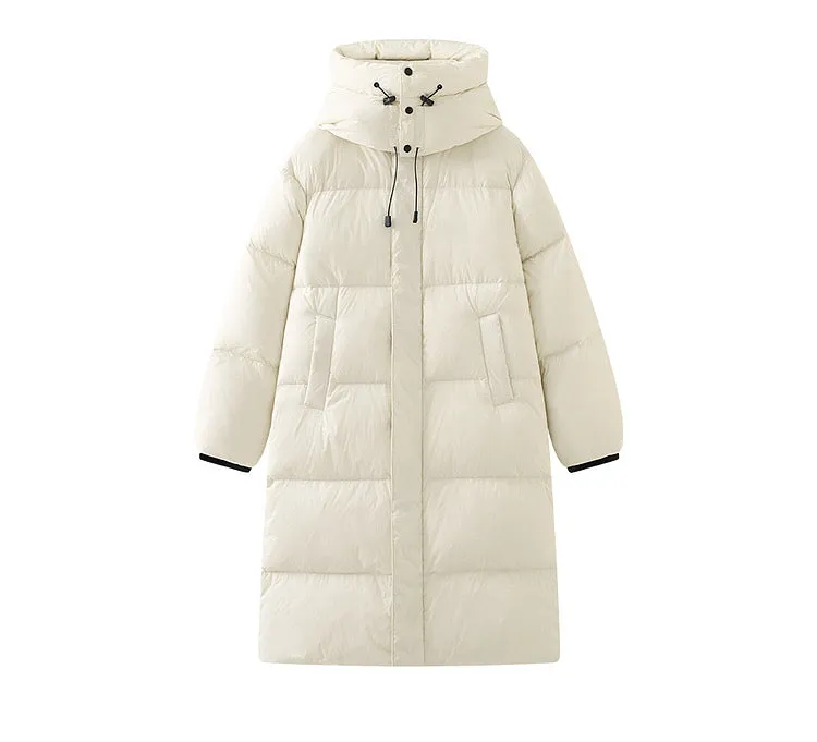 Women's hooded drawstring double pocket long white duck down down jacket