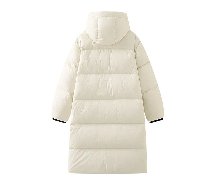 Women's hooded drawstring double pocket long white duck down down jacket