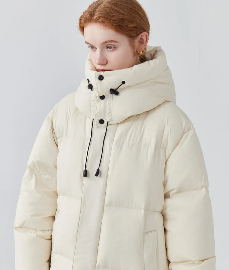 Women's hooded drawstring double pocket long white duck down down jacket