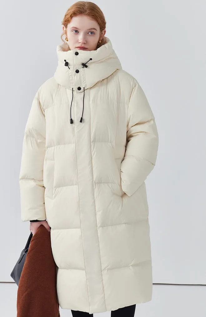 Women's hooded drawstring double pocket long white duck down down jacket