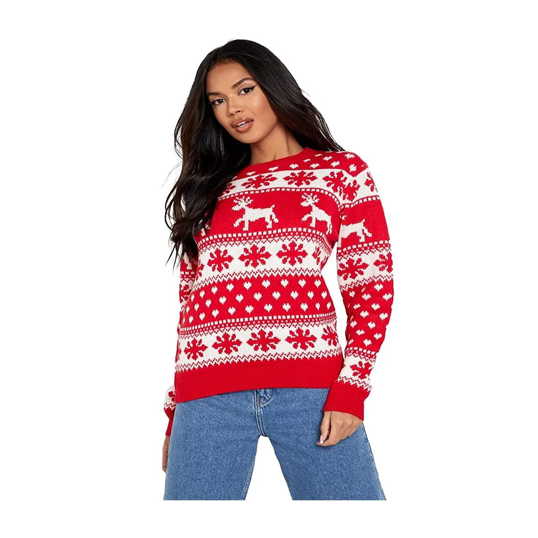 Womens Knitted Reindeer Snowflake Xmas Jumper