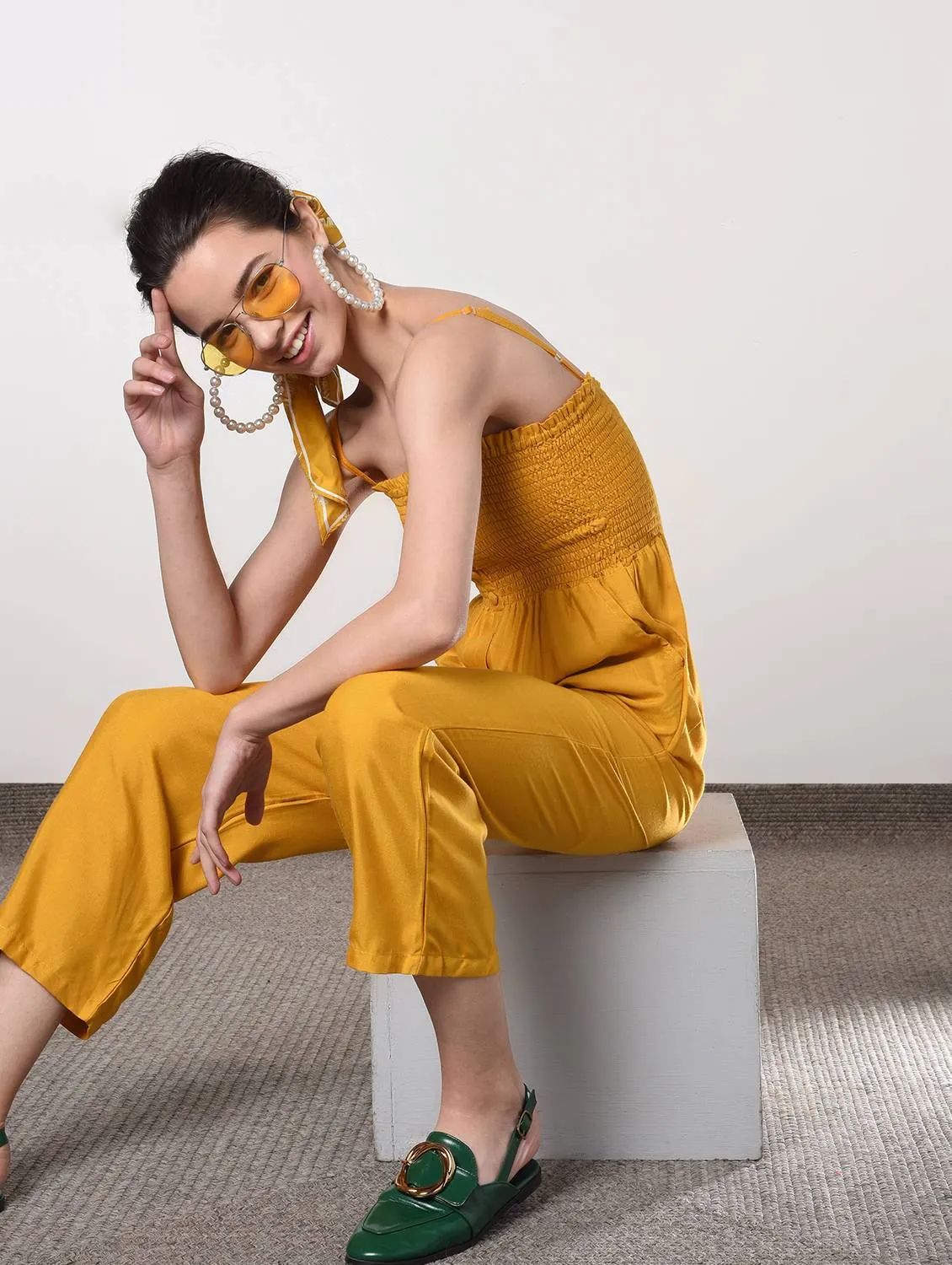 Women's solid yellow jumpsuit