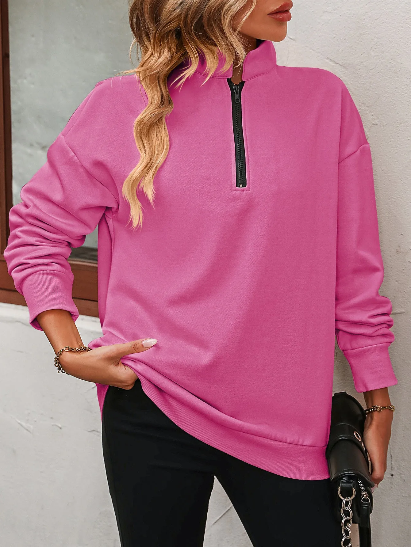 Womens Zip-Up Dropped Shoulder Sweatshirt, Fall Zip up