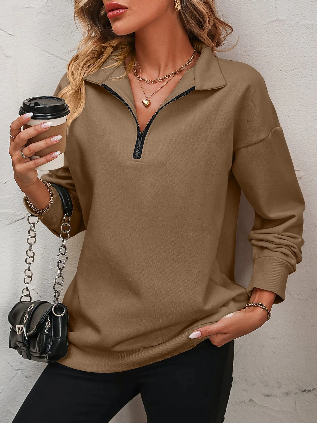 Womens Zip-Up Dropped Shoulder Sweatshirt, Fall Zip up