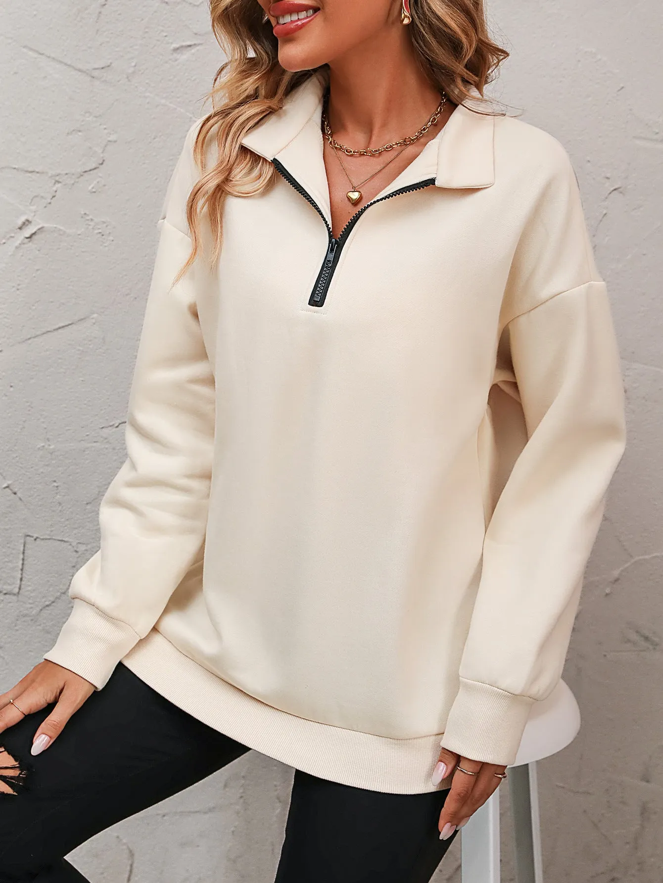 Womens Zip-Up Dropped Shoulder Sweatshirt, Fall Zip up