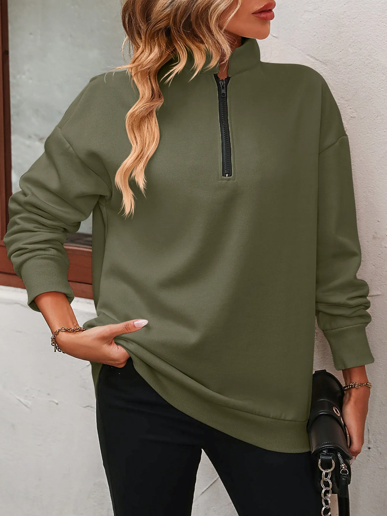 Womens Zip-Up Dropped Shoulder Sweatshirt, Fall Zip up