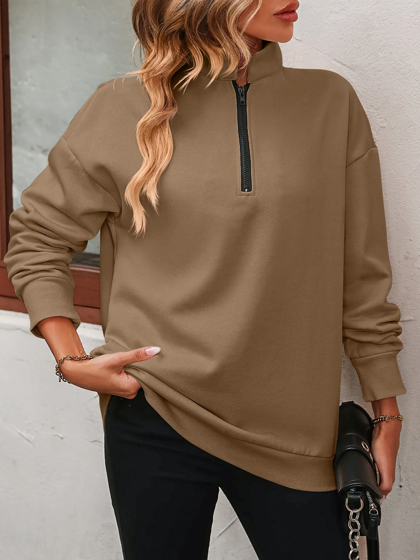 Womens Zip-Up Dropped Shoulder Sweatshirt, Fall Zip up