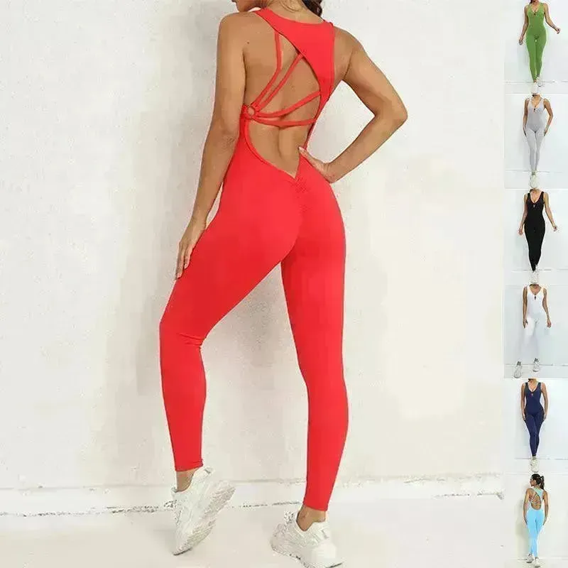 Yoga Jumpsuit V-shaped Back Design Sleeveless Fitness Running Sportswear Stretch Tights Pants For Womens Clothing